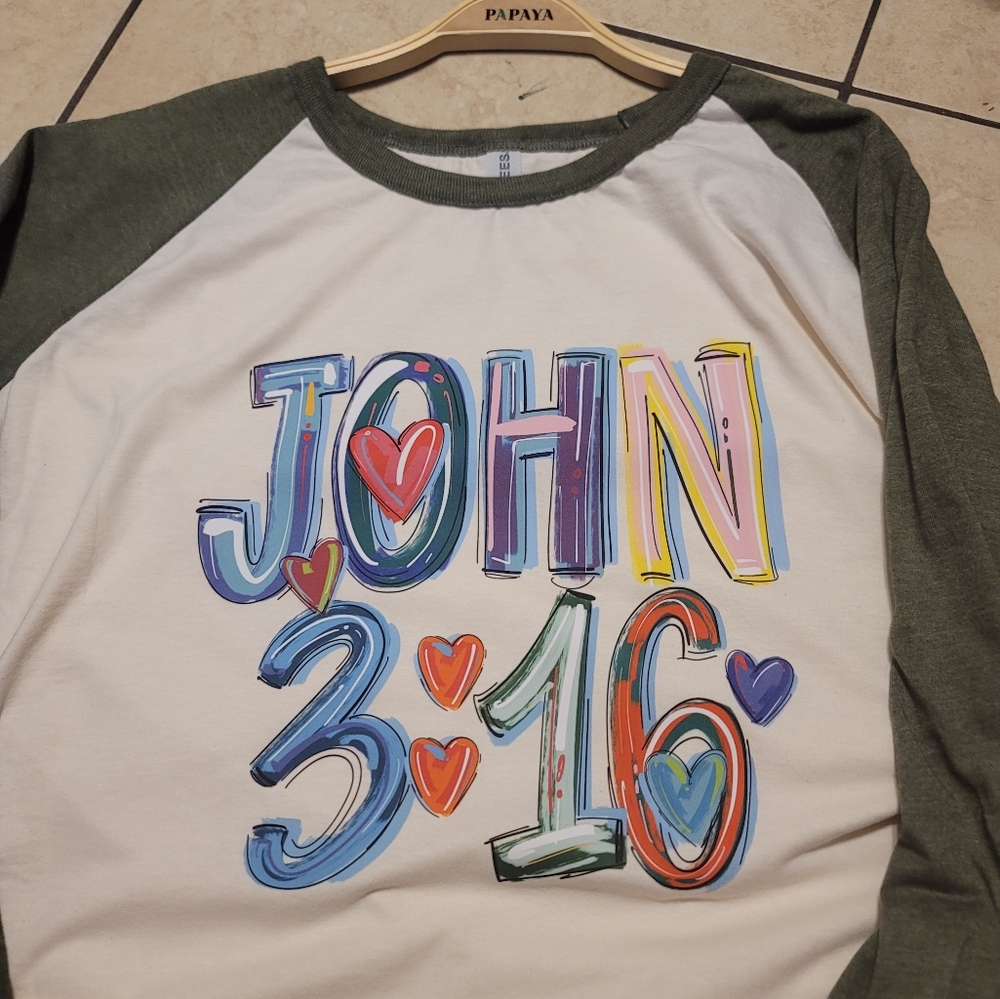 John 3:16 Long Sleeve White and Green Raglan Tee***NOT TORRID****